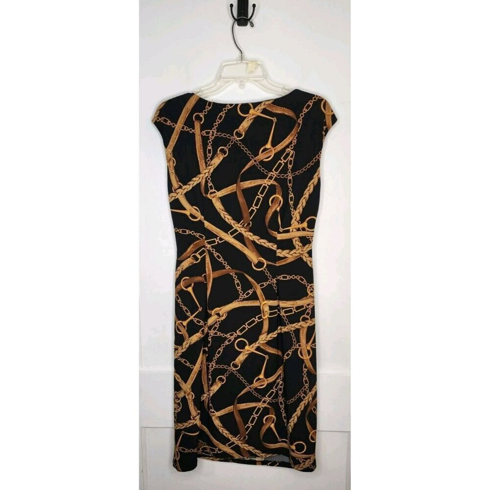 Lauren Ralph Lauren Dress Sz 10 Black Gold Chain Equestrian Print Jersey Knit - Picture 2 of 4